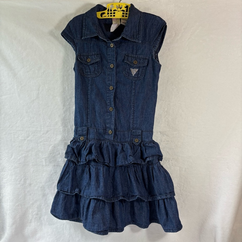 Y2K Guess Girls Denim Ruffle Dress Button Upfront Tiered Skirt  Blue Wash Size 8